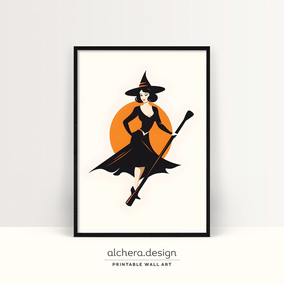 Retro Witch On Broom Orange Moon Vintage Halloween Art Poster