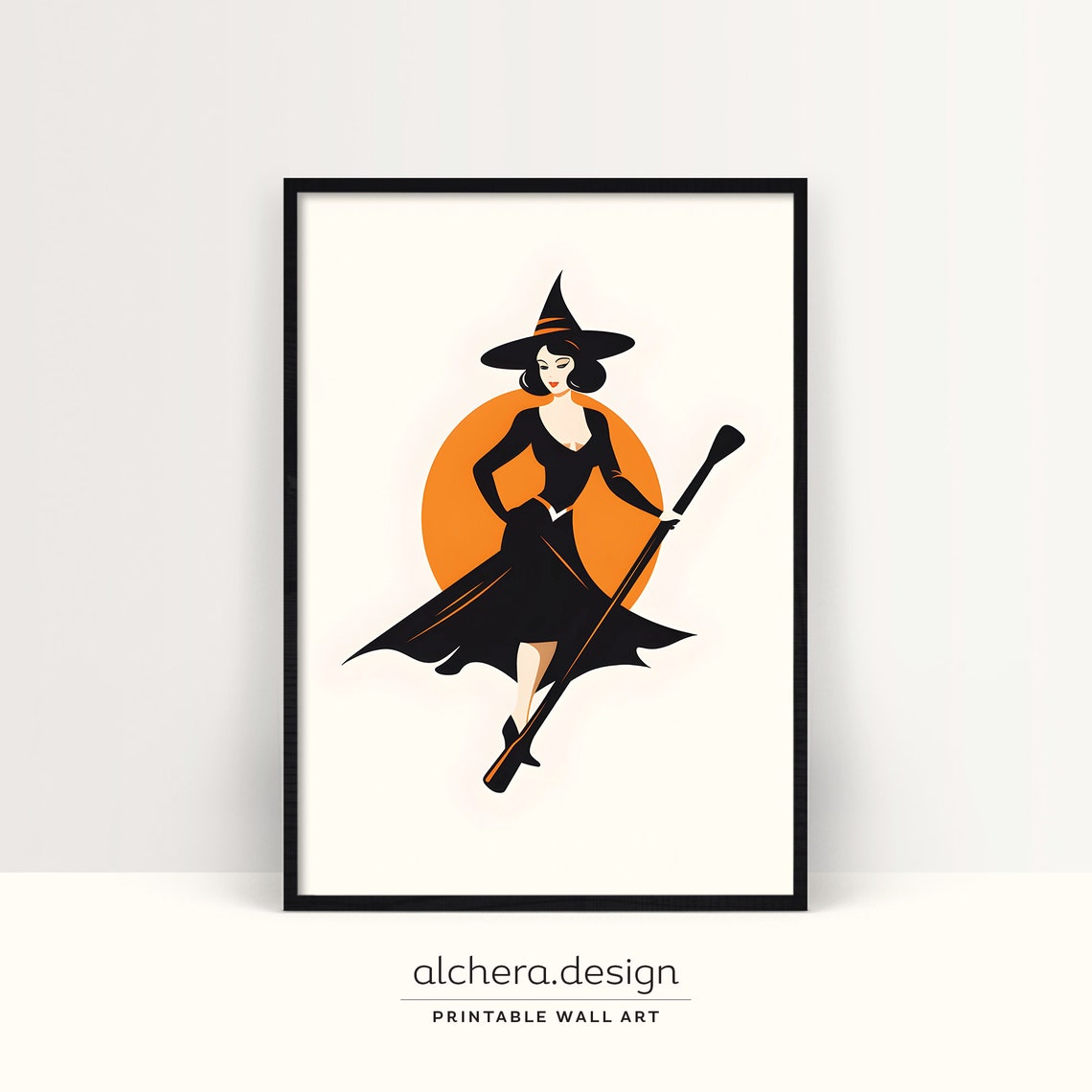Retro Witch On Broom Orange Moon Vintage Halloween Art Poster