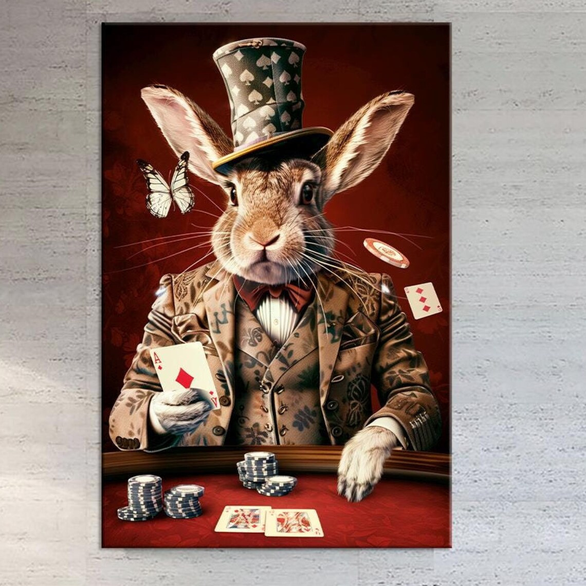 Gentleman Rabbit In Top Hat Playing Poker Ace Cards Casino Wall Art Print