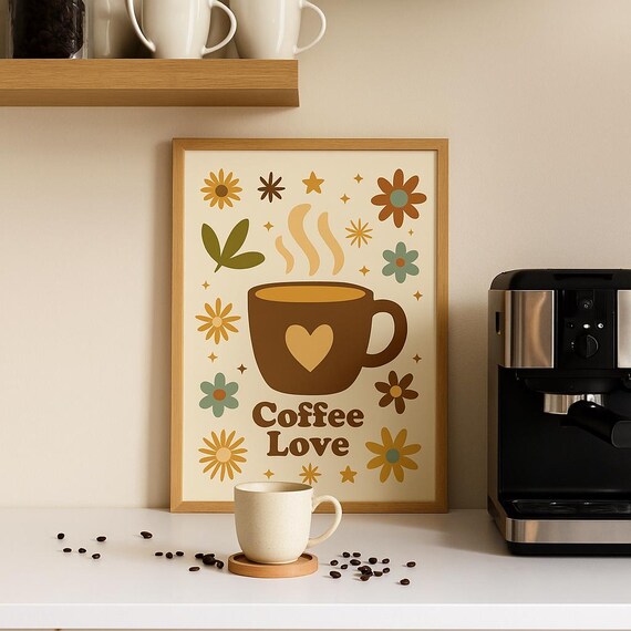 Coffee Love Retro Groovy Mug Heart Flowers Kitchen Wall Poster