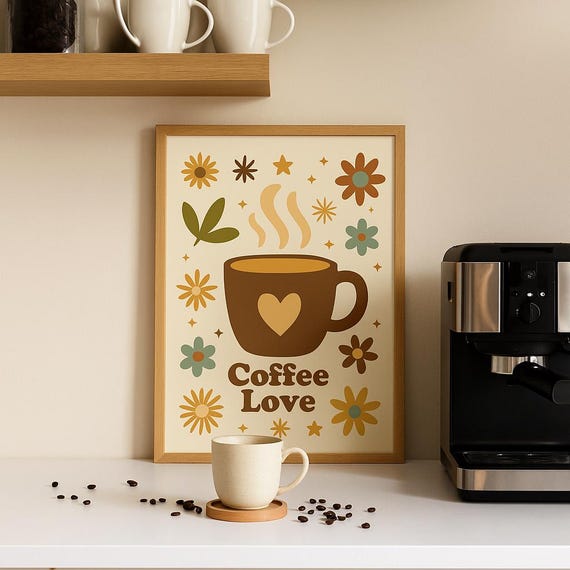 Coffee Wall Art Print Retro Lover Gift Kitchen Decor Housewarming Groovy Hippie Bar Sign