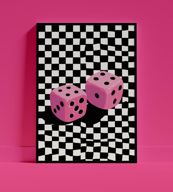 Pink Dice Checkerboard Poster, Game Room Decor