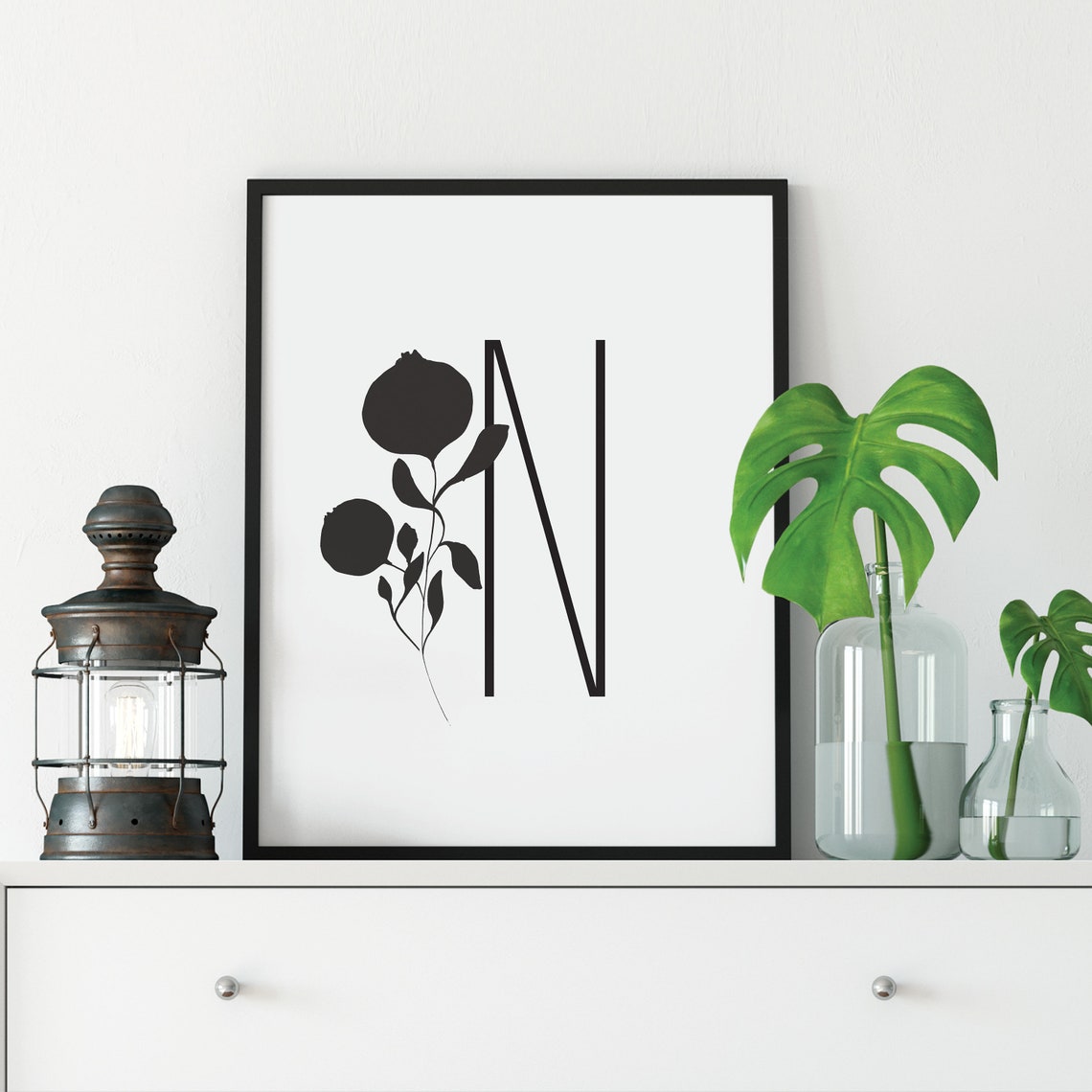 Letter N Botanical Initial Wall Art with Black Branch Silhouette