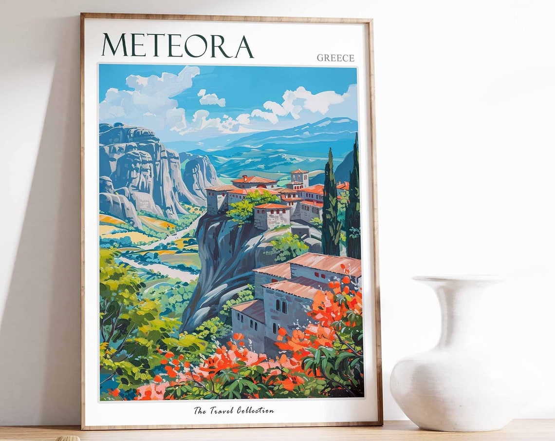 Meteora Greece Monasteries on Rock Pillars and Cypress Trees Poster