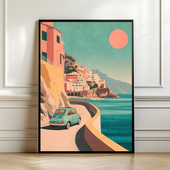 Amalfi Coast Vintage Car Poster Retro Italian Riviera Wall Art Coastal Road Print Travel Decor Mediterranean Landscape Digital Download