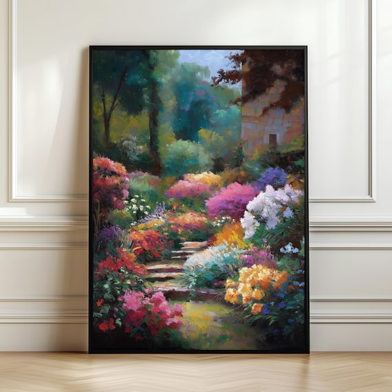 Colorful Cottage Garden Wall Art English Landscape Print Floral Path Painting Romantic Flower Decor Digital Download