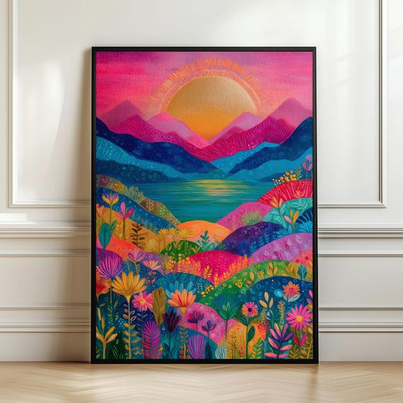 Radiant Sun Valley Wall Art Colorful Mountain Landscape Print Abstract Folk Painting Vibrant Nature Decor Digital Download