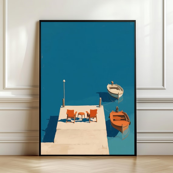 Mediterranean Dock Art Print Coastal Seaside Illustration Digital Download