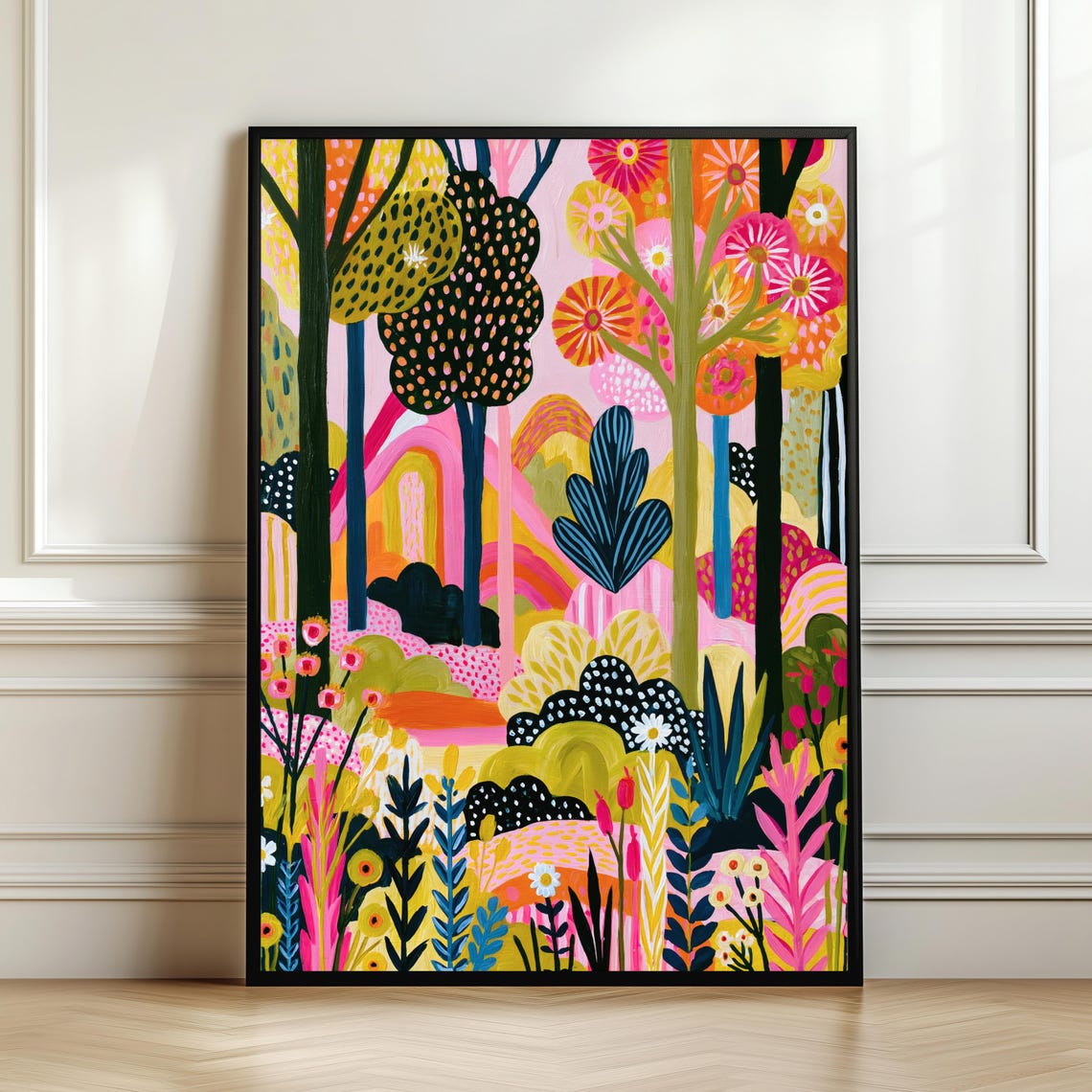 Vibrant Folk Art Forest in Pink Orange and Green Artwork Poster