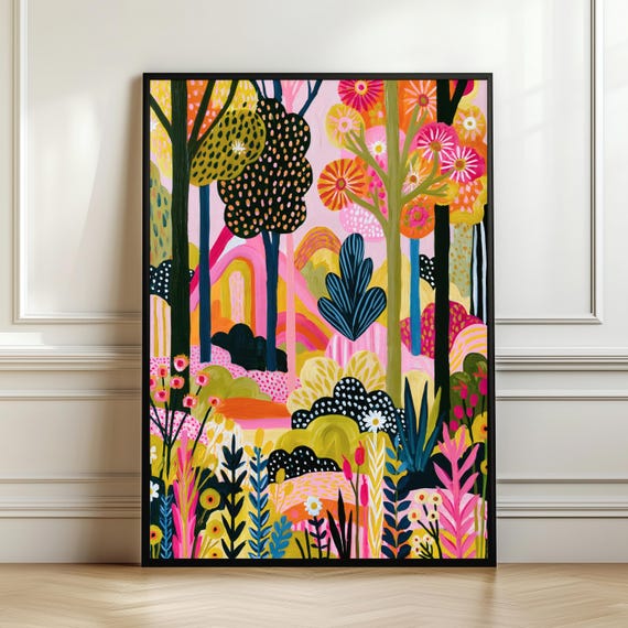 Vibrant Forest Wall Art Colorful Landscape Print Whimsical Botanical Decor Maximalist Nature Poster Digital Download