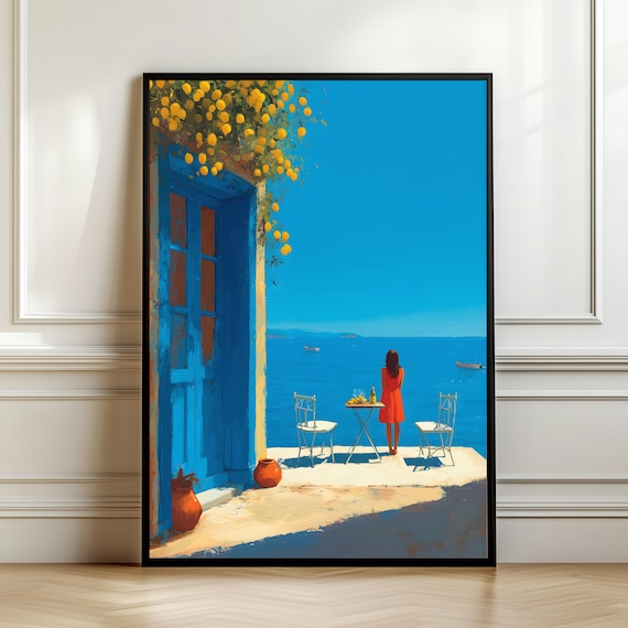 Sunny Mediterranean Seaside Terrace Blue Door Lemon Tree Poster