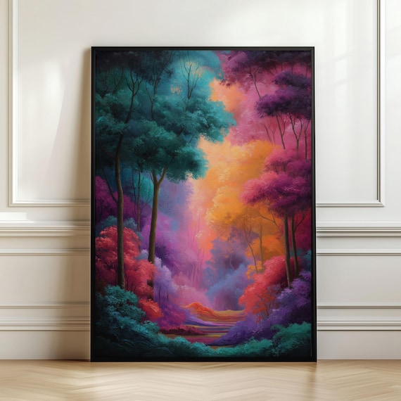 Fantasy Forest Colorful Trees Dreamy Woodland Magical Art Poster
