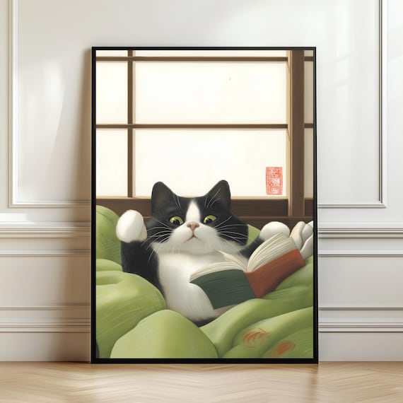 Japanese Tuxedo Cat Poster Zen Reading Wall Art Black White Print Ookish Decor Hygge Artwork Gift Digital Download
