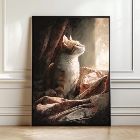 Sunlit Cat Portrait Poster Cozy Vintage Feline Print Warm Light Window Wall Art Elegant Home Decor Gift Digital Download