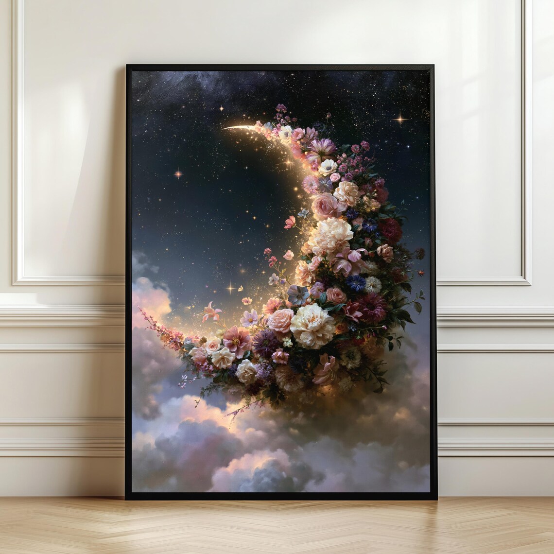 Floral Crescent Moon Art Print, Celestial Decor