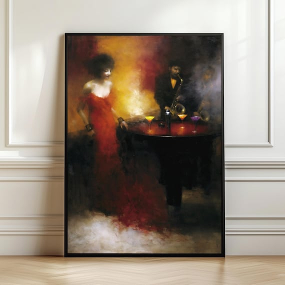 Smoky Jazz Club Singer in Red Dress With Saxophone Player Wall Art