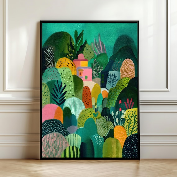Colorful Abstract Landscape Village Green Trees Modern Art Poster