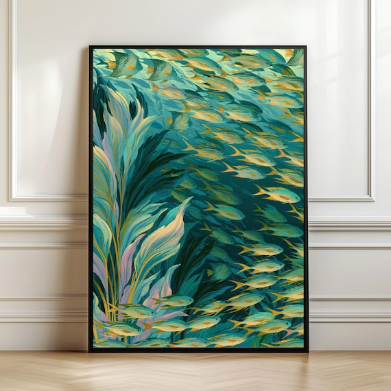 Golden Fish School Flowing Teal Kelp Ocean Illustration Poster