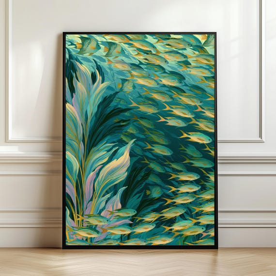 School Of Tropical Fish Wall Art Luxury Aquarium Decor Teal Ocean Life Print Coastal Marine Artwork Lover Gift Digital Download