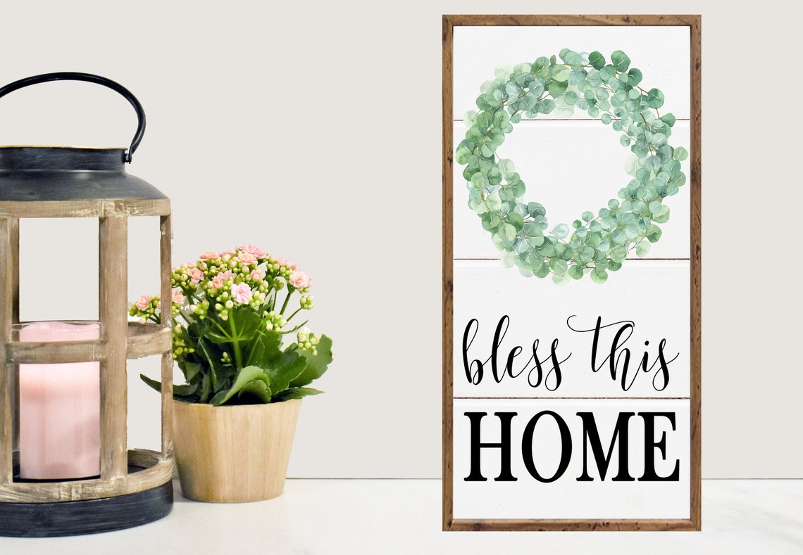 Bless This Home Eucalyptus Wreath Tall Vertical Shiplap Sign Poster