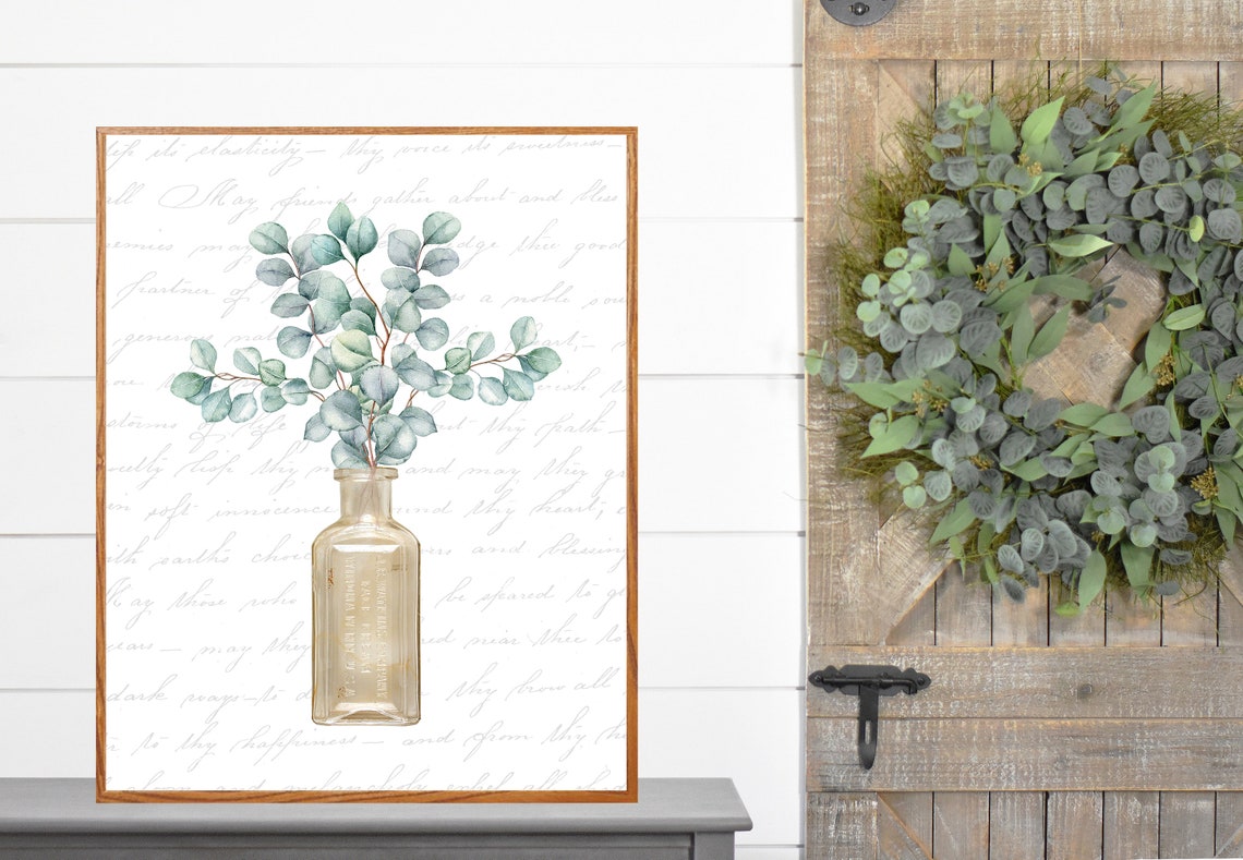 Amber Apothecary Bottle Holding Eucalyptus Farmhouse Script Poster