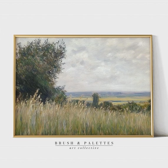 Golden Field And Cloudy Sky Print Impressionist Landscape Wall Decor Rustic Nature Art For Country Or Farmhouse Homes