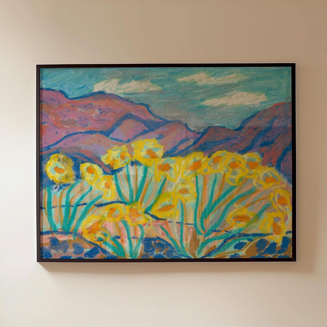 Yellow Flower Mountain Landscape, Vintage Art Print