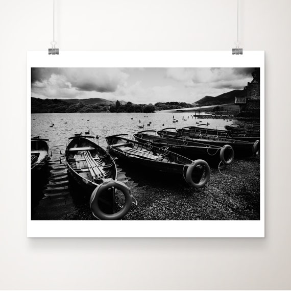 Derwentwater Print Black And White Lake District Rowing Boats