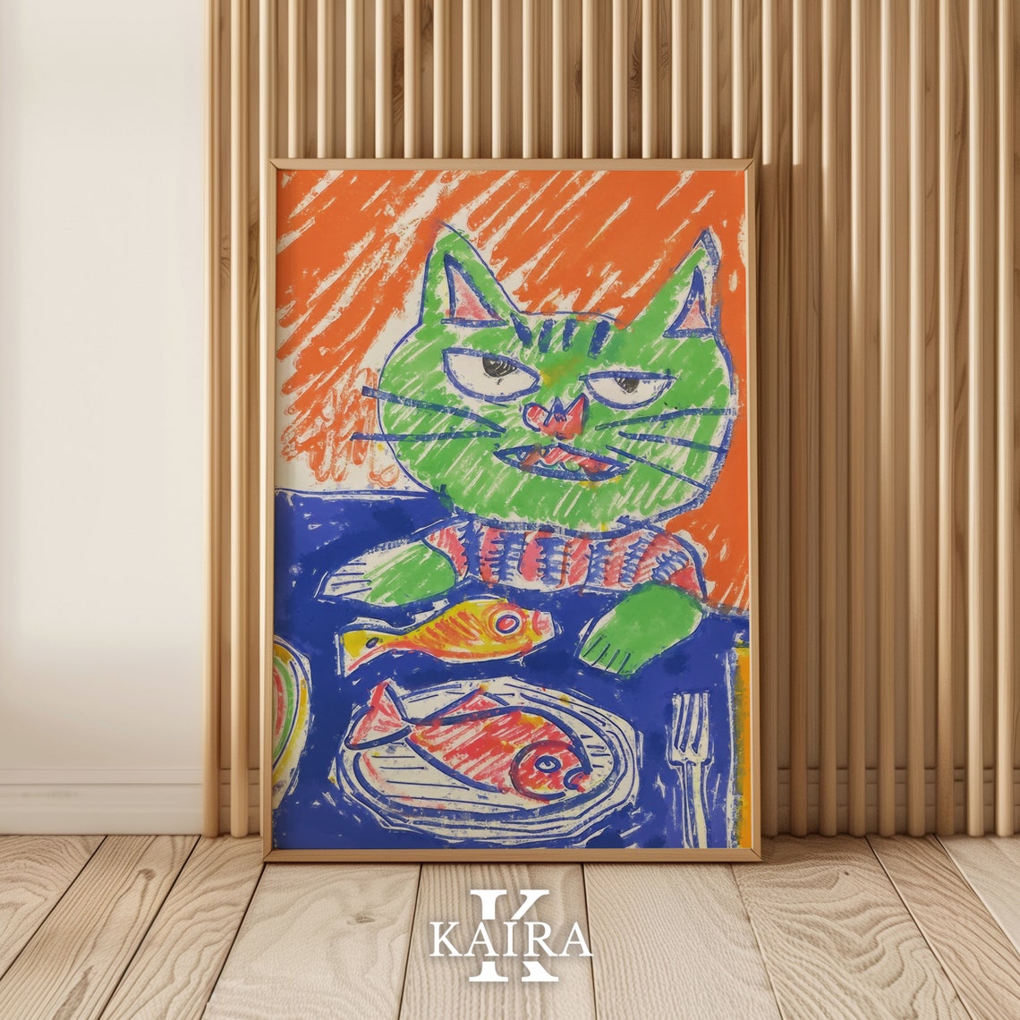 Grumpy Green Cat With Fish Dinner Funny Whimsical Cat Poster - Image 2