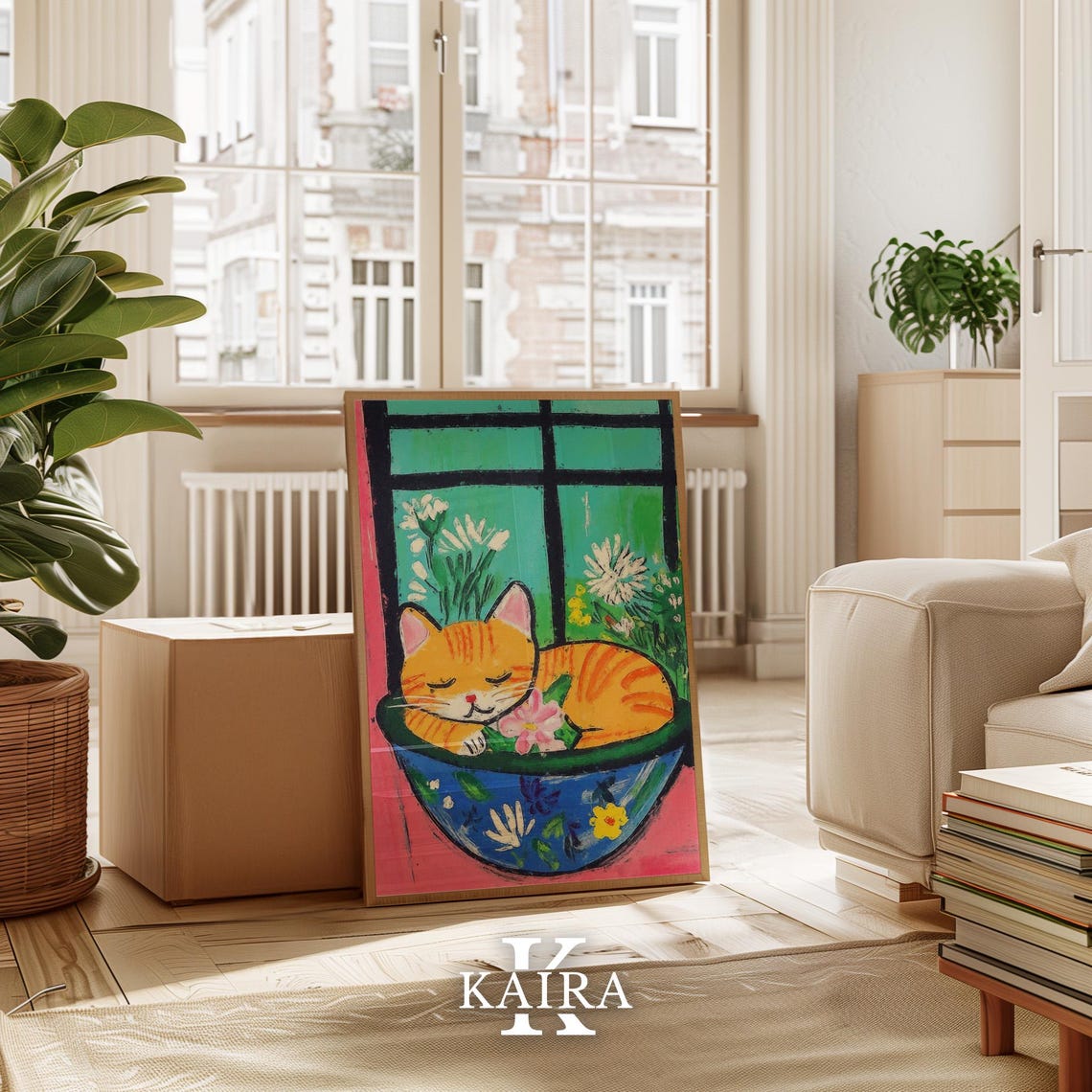 Sleepy Ginger Cat Curled Up in a Decorated Blue Floral Bowl Poster - Image 2