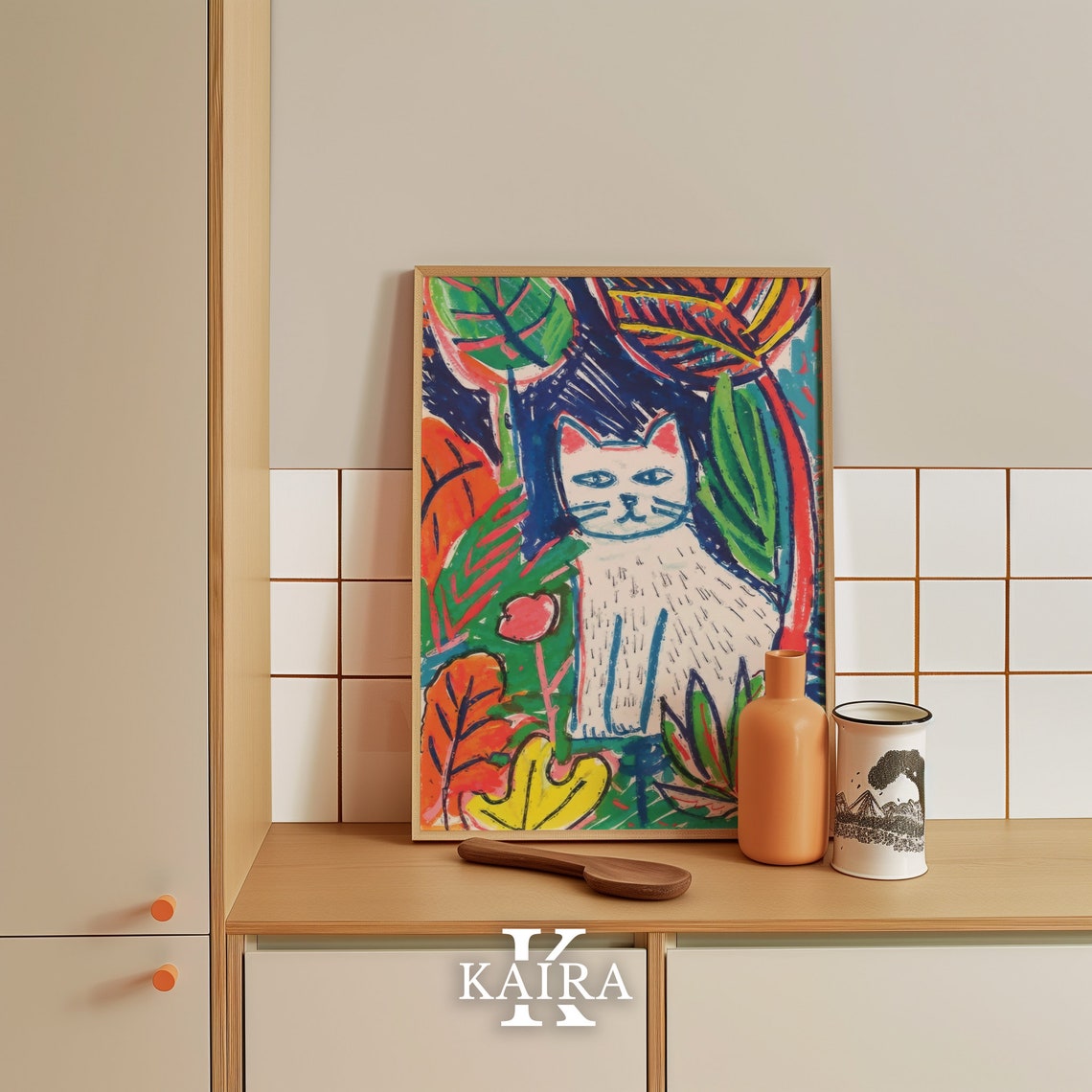 White Cat Sitting In Colorful Autumn Garden Botanical Poster - Image 5