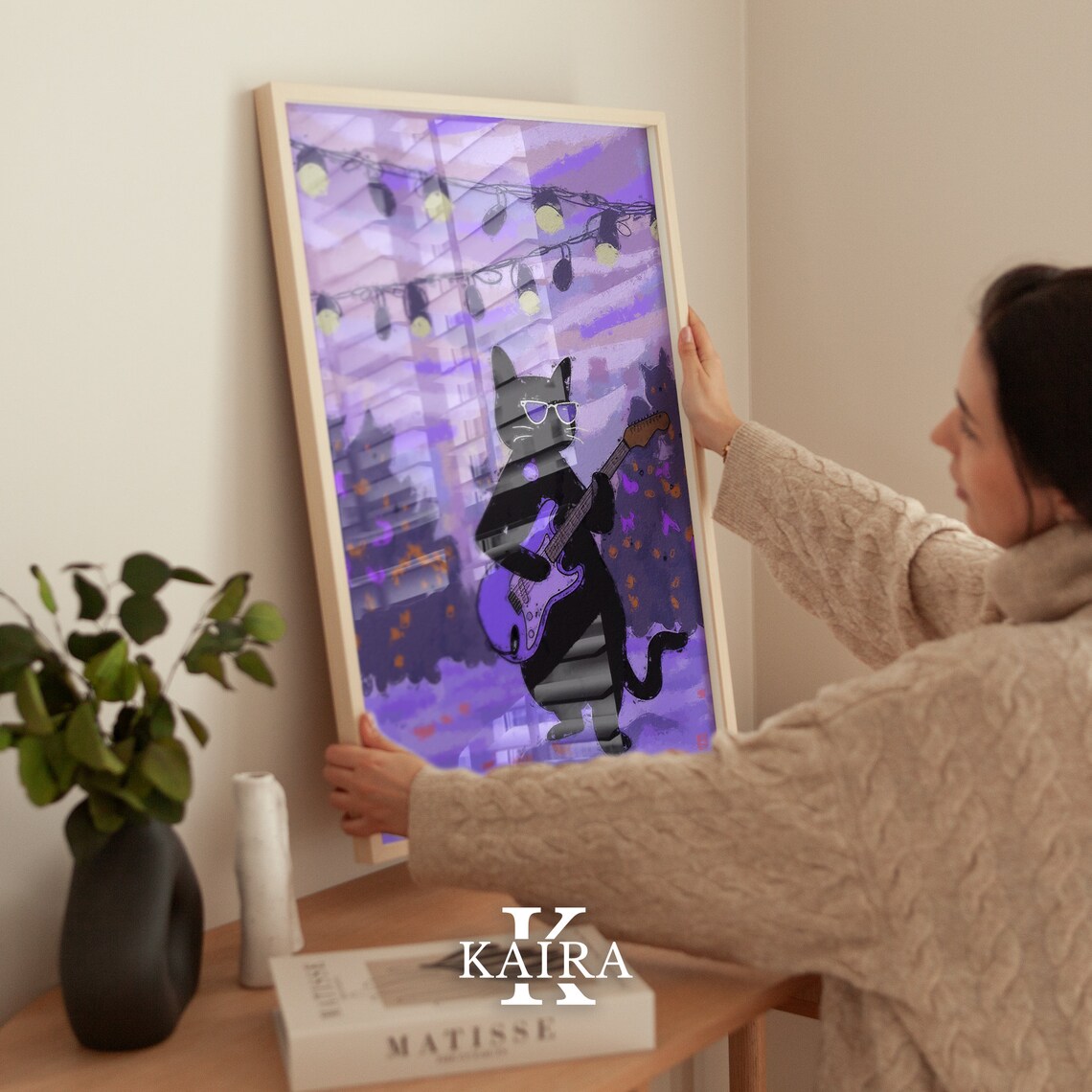 Cool Black Cat Playing Electric Guitar At Outdoor Party String Lights Poster - Image 3