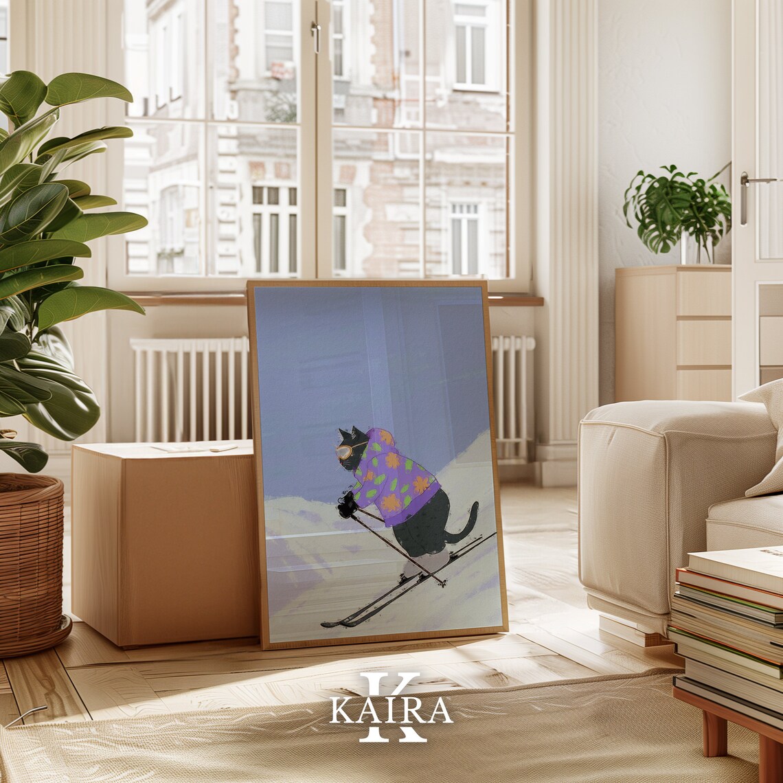 Black Cat Skiing Downhill In Purple Floral Jacket Winter Sports Art Poster - Image 4