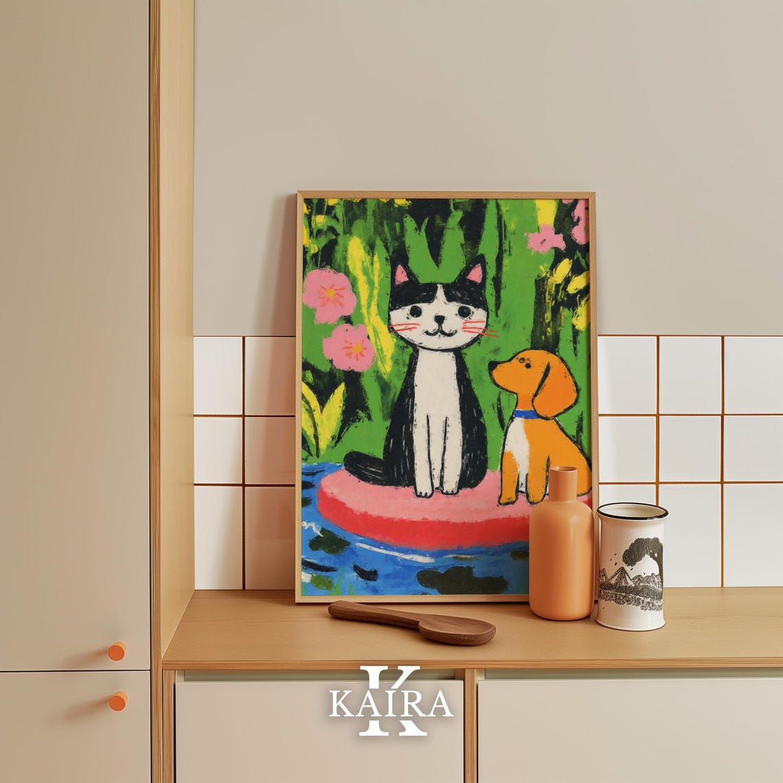 Black and White Cat With an Orange Puppy by a Garden Pond Poster