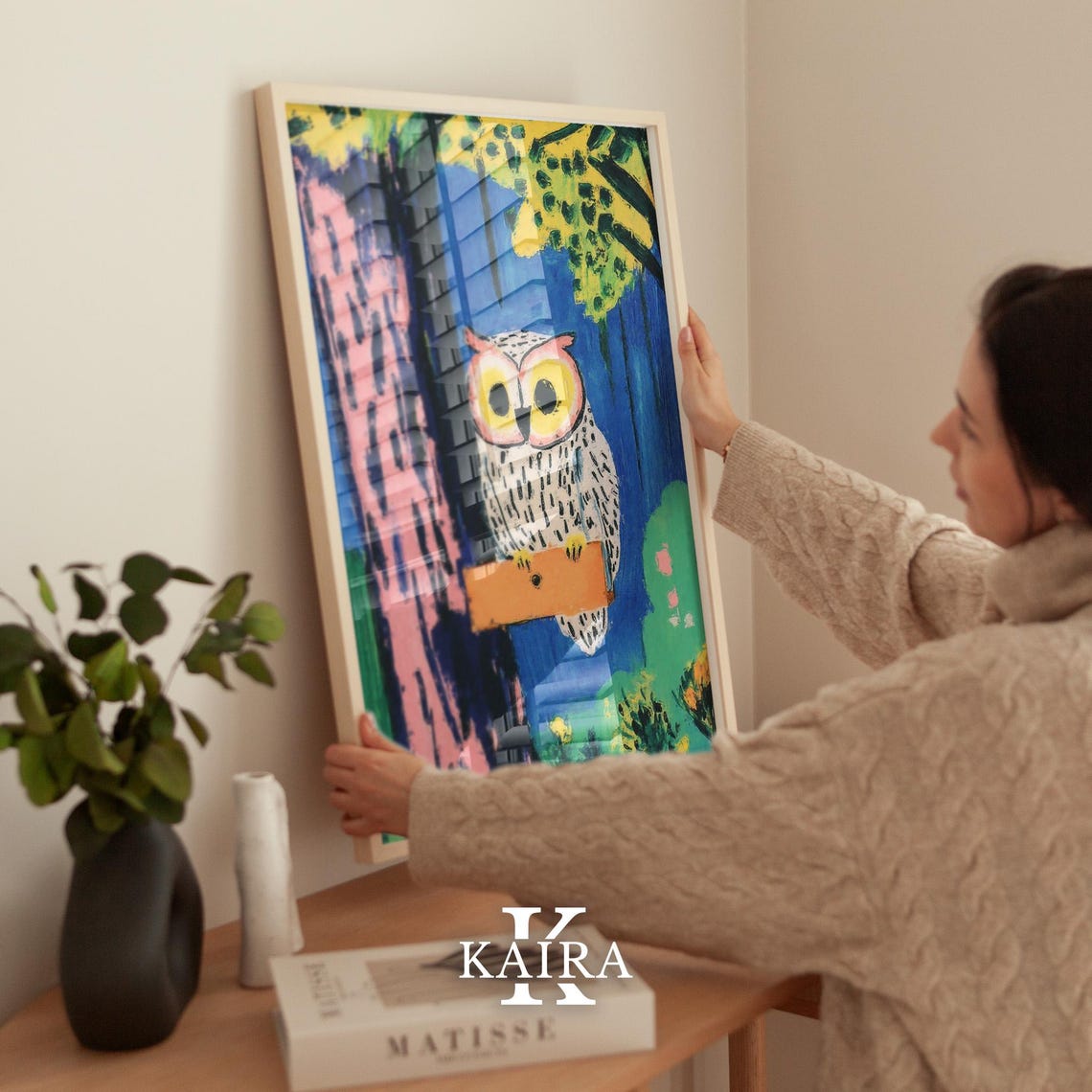 White Owl Perched On A Wooden Sign In A Colorful Forest Poster - Image 2
