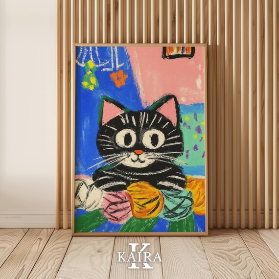 Black Cat With Big Eyes Playing With Colorful Yarn Balls Poster