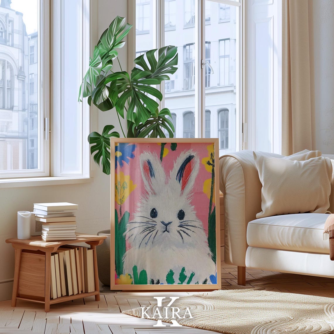 Fluffy White Bunny Rabbit Portrait Among Spring Flowers Poster - Image 4
