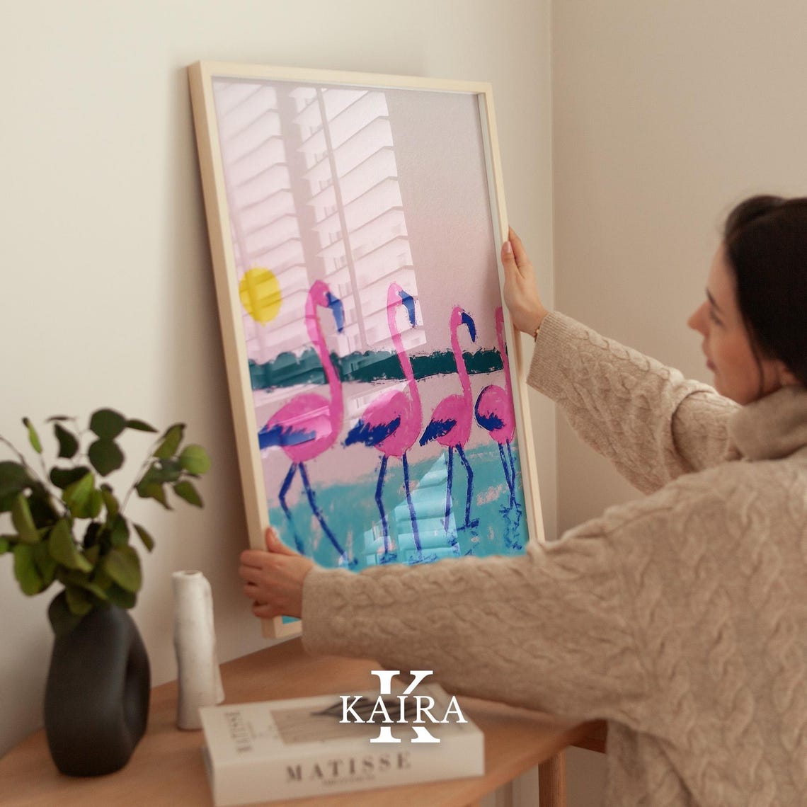 Pink Flamingos Wading in Turquoise Water Under a Sunset Sky Poster - Image 2