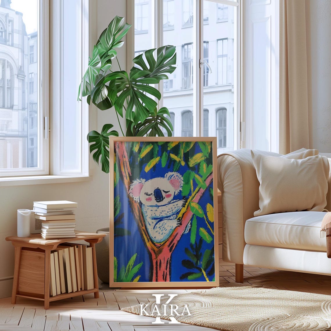 Sleepy White Koala Dozing in a Pink Tree Fork Among Leaves Poster - Image 4