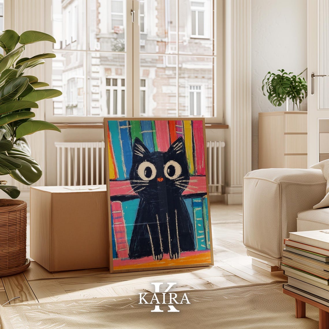 Big-Eyed Black Kitten Sitting by a Colorful Bookshelf Poster - Image 3