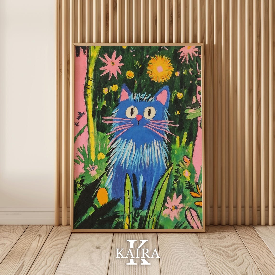 Whimsical Blue Cat with Pink Whiskers in a Magical Garden Poster