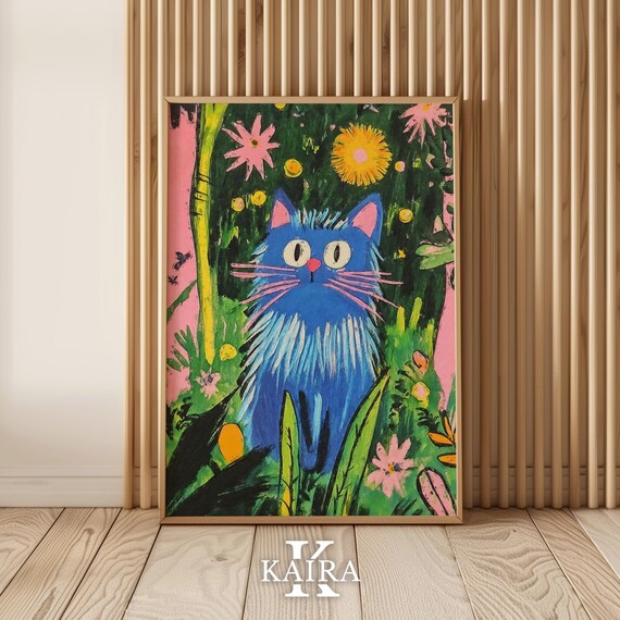 Whimsical Blue Cat with Pink Whiskers in a Magical Garden Poster