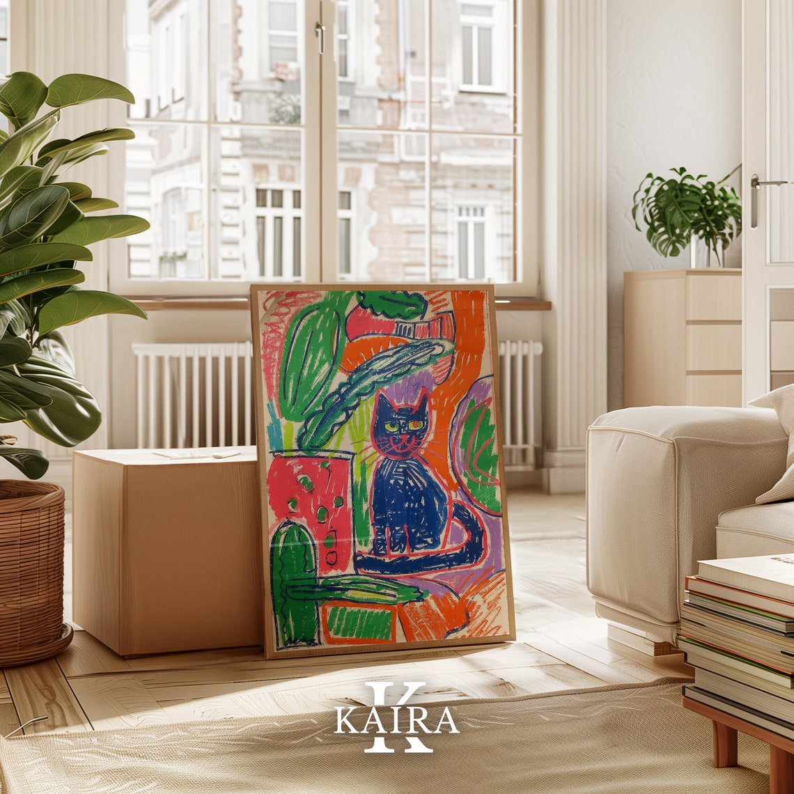 Dark Blue Cat Among Tropical Plants Colorful Abstract Poster - Image 4