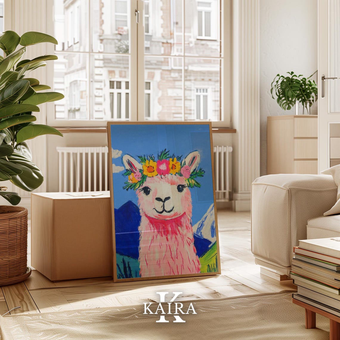 Smiling Pink Llama Wearing a Bright Flower Crown by Mountains Poster - Image 5