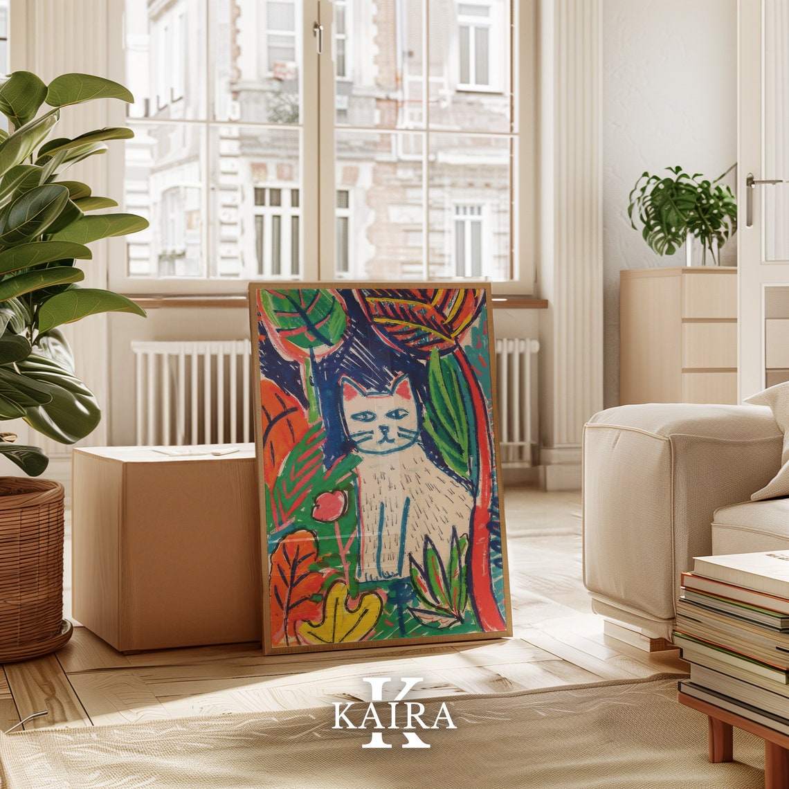 White Cat Sitting In Colorful Autumn Garden Botanical Poster - Image 3