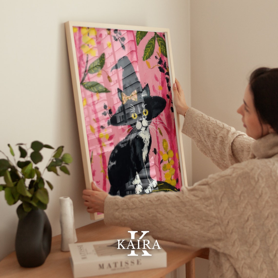 Tuxedo Kitten In Tall Witch Hat Sitting In A Pink Flower Garden Poster - Image 4