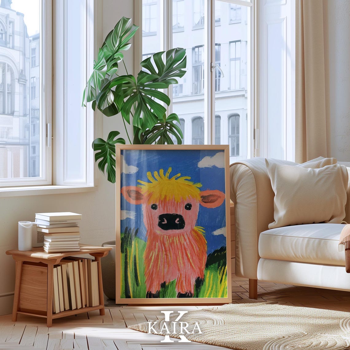 Fluffy Coral Highland Cow With a Yellow Forelock in a Field Poster - Image 4
