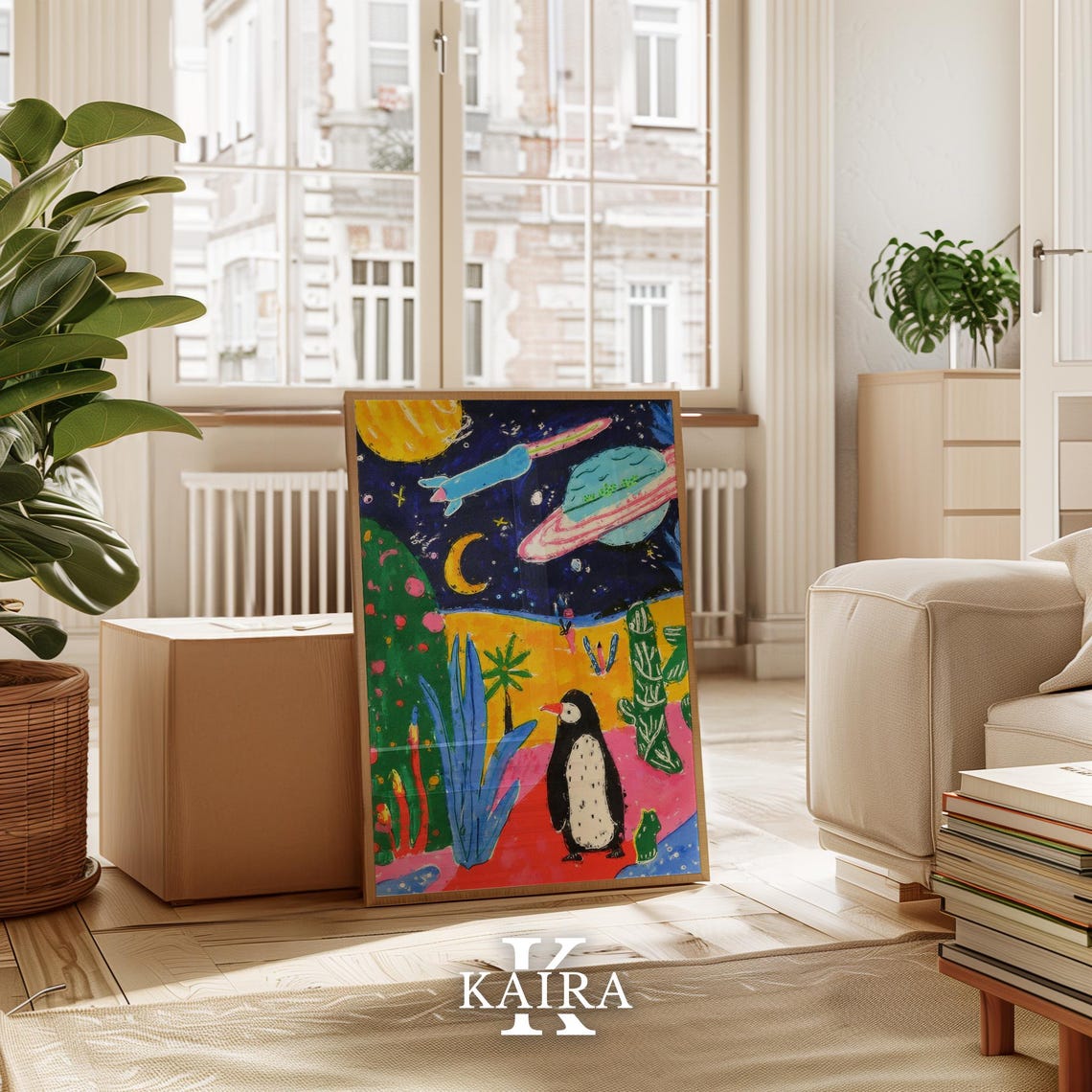 Curious Penguin Gazing at Rockets and Planets on an Alien World Poster - Image 4