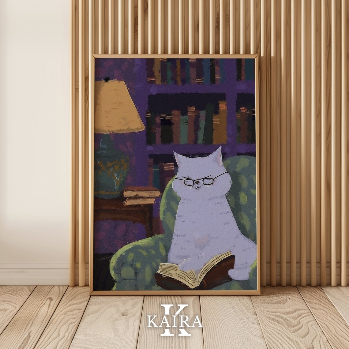 White Cat With Glasses Reading A Book In Armchair Cozy Library Art Poster - Image 2