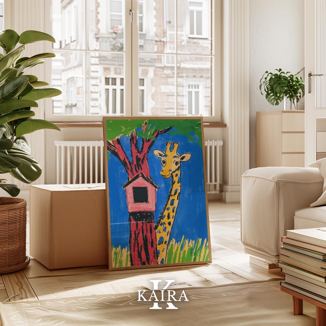 Smiling Giraffe Beside a Red Tree With a Pink Birdhouse Poster - Image 3